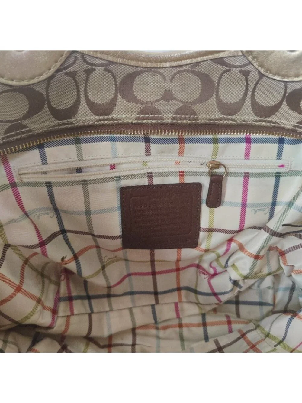 COACH BLEECKER Signatue TOTE Satchel BAG Gold Tan Leather Fabric